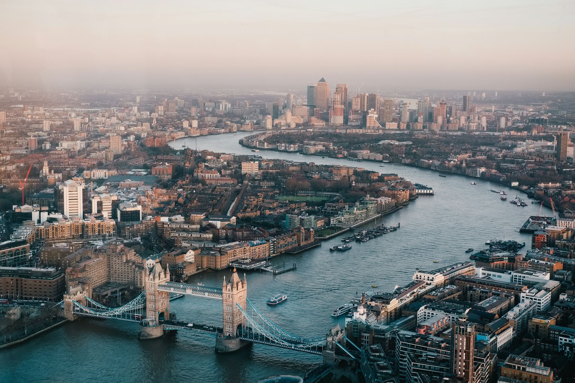 Aerial view of London, Tower Bridge and the Thames